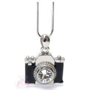 Black Enamel Miniature Camera Charm Clear Crystal Lens Photo Silver Necklace